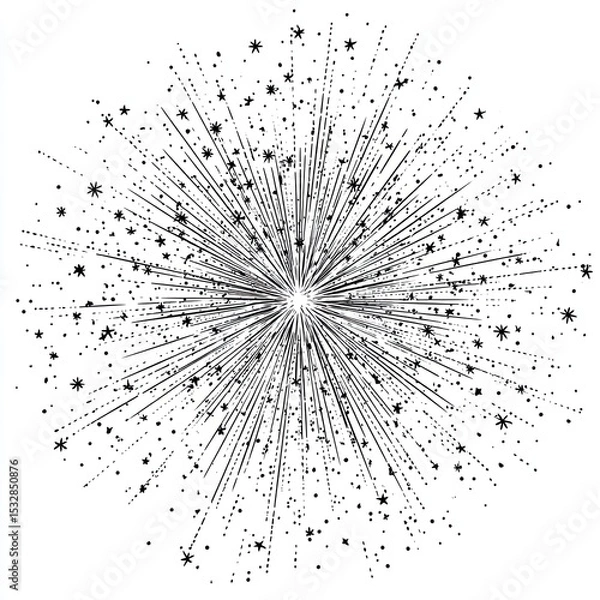 Fototapeta Sketch engraving of radiant starburst explosion with sparkling lines and dots in black and white design