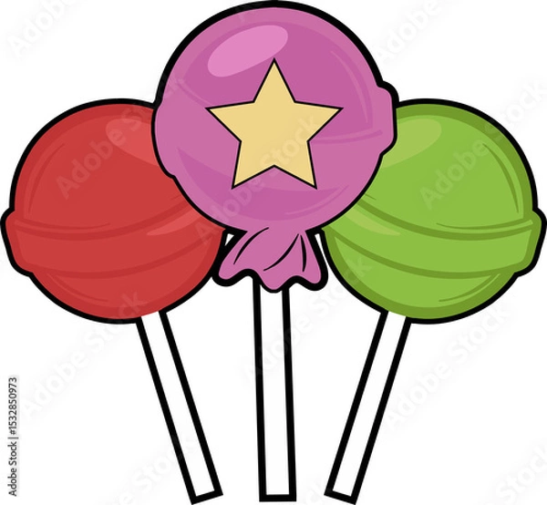 Obraz Lollipop trio is appearing on white sticks in flat vector with yellow star, transparent background