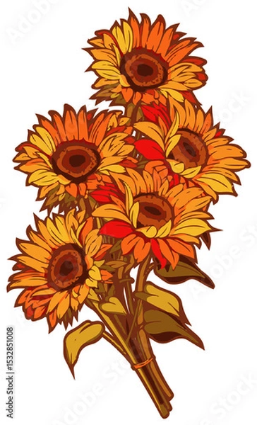 Fototapeta Stylized sunflower bouquet is floating in bold outline overlapping petals on transparent background