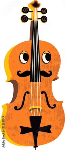 Fototapeta Cartoon violin is featuring eyes, mustache and four strings in flat design, transparent backdrop