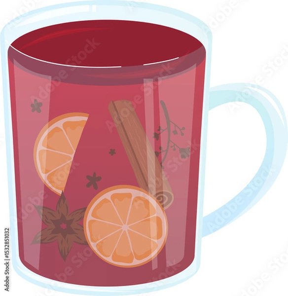 Fototapeta Flat design is showing glass mug with mulled wine, orange slices and spices, transparent background
