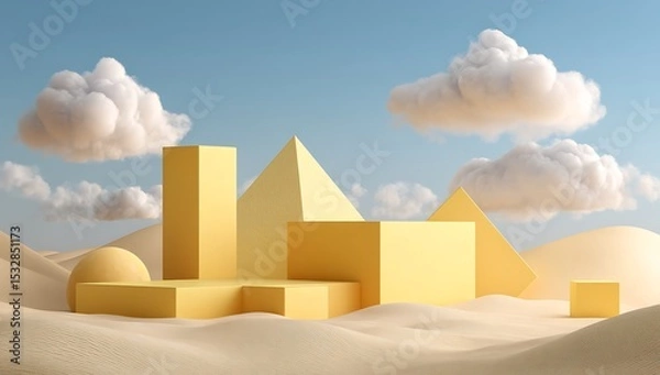 Fototapeta Minimalist golden pyramid structures in desert with blue sky and clouds