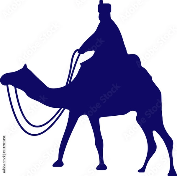 Obraz Silhouette traveler is riding camel in flat design, featuring reins and transparent background