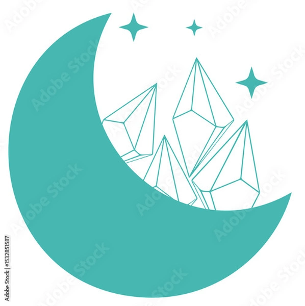 Obraz Flat design is showing teal crescent moon encircling crystals with sparkles on transparent backdrop