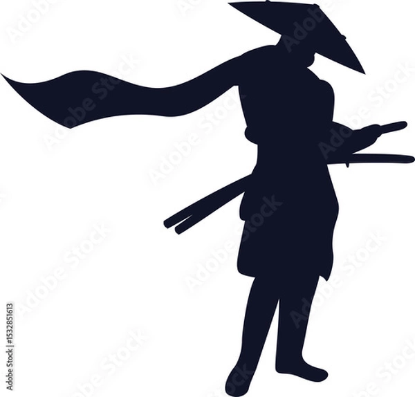 Obraz Silhouette samurai figure is standing with flowing scarf and twin swords, transparent background