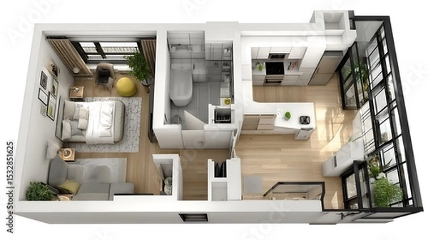 Fototapeta Realistic 3d floor plan of modern apartment with furniture and interior design