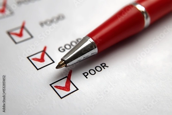 Fototapeta Red pen ticking checklist with rating options on white form paper background