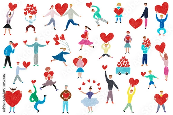 Obraz 手描きイラスト　ハートと人々