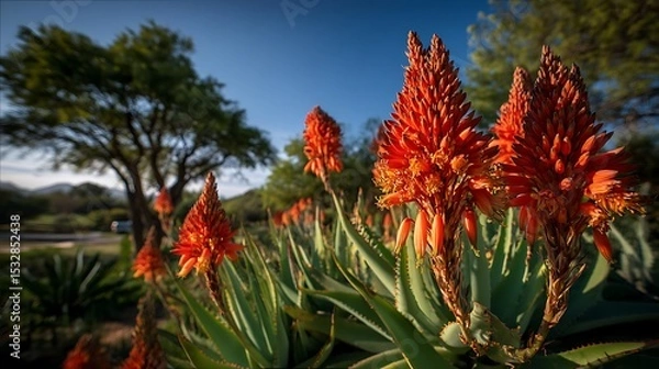 Fototapeta Vibrant red torch lilies in botanical garden setting