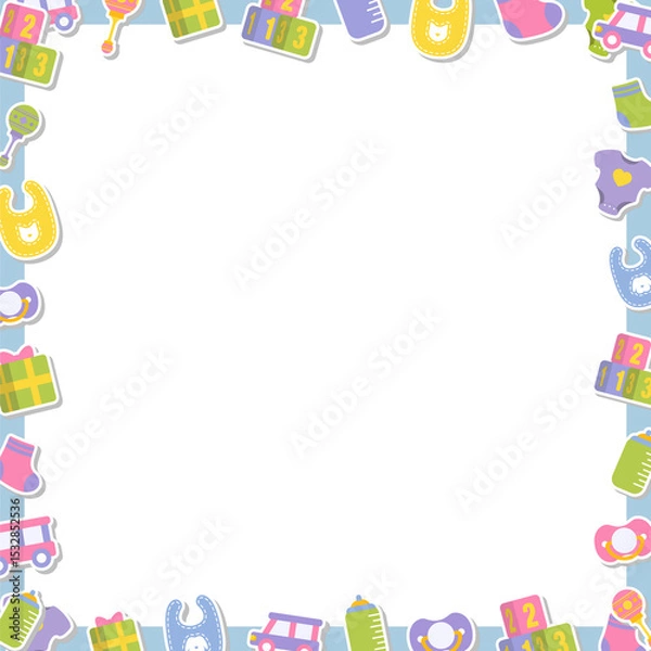 Obraz Flat design border is featuring bibs, pacifiers around teal center on clear background, copy space