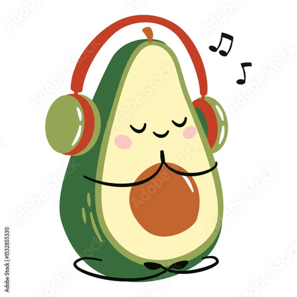 Obraz Flat vector illustration in a simple childish style. Cute avocado doing yoga and meditating to music with headphones on . Vector illustration
