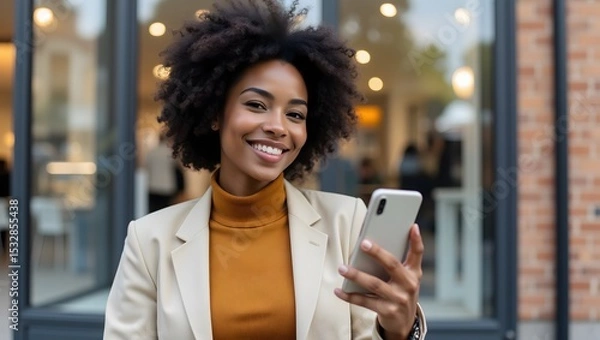 Obraz Confident businesswoman smiles while checking her smartphone outside a modern city cafe. A successful, happy professional on the go.