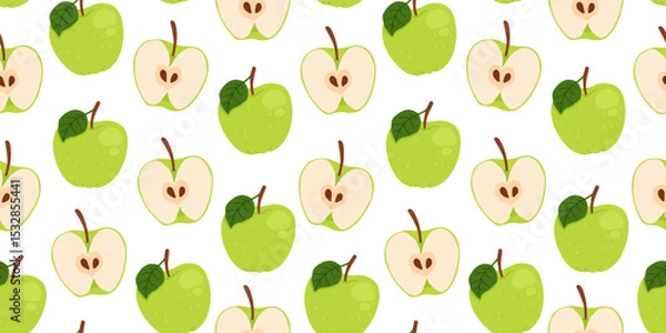 Fototapeta Seamless pattern of green apples on a white background with green leaves. Whole and sliced apple. The design is great for wallpaper, fabric, labels, packaging.