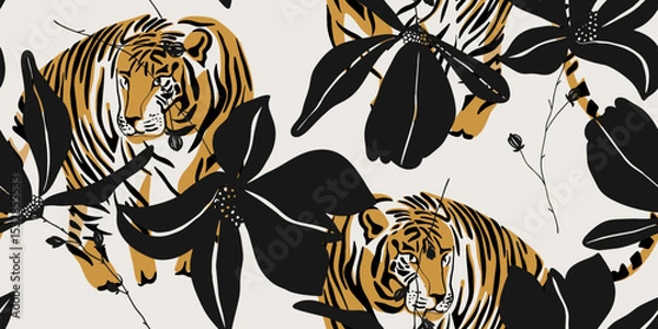 Fototapeta Tiger and Flowers in a Seamless Floral Pattern