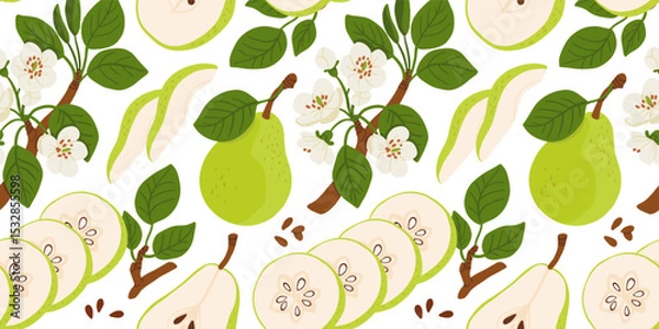 Fototapeta Seamless pattern with cartoon green pears in modern flat style. Fruit background. Vector printing for fabric and wallpaper. Cute fruits on a white background