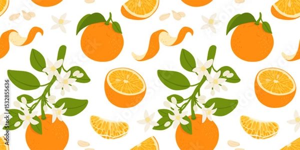 Fototapeta Orange fruit. Pattern of oranges on a white background. Whole orange fruit, cut in half and into slices. The design is great for wallpaper, fabric, labels, packaging.