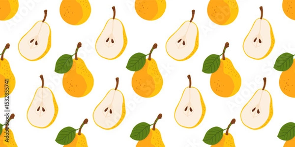 Fototapeta Seamless pattern with cartoon yellow pears in modern flat style. Fruit background. Vector printing for fabric and wallpaper. Cute fruits on a white background