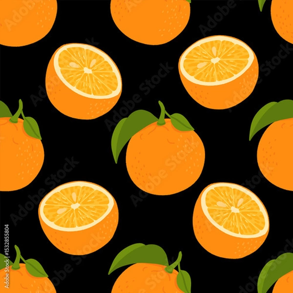 Fototapeta Orange fruit. Pattern of oranges on a black background. Whole orange fruit, cut in half and into slices. The design is great for wallpaper, fabric, labels, packaging.