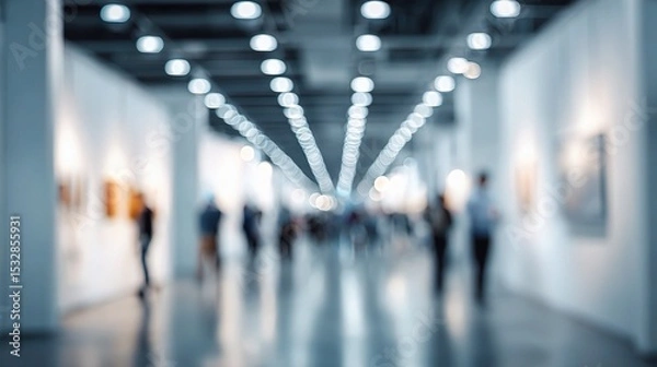 Fototapeta Abstract Blurry View of Trade Show Corridor with White Walls