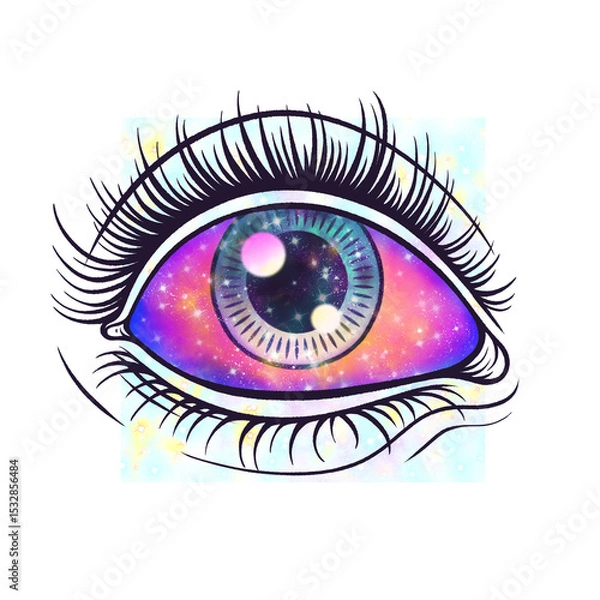 Obraz Flat design is showing cosmic eye floating on clear background with galaxy iris and star-dot square