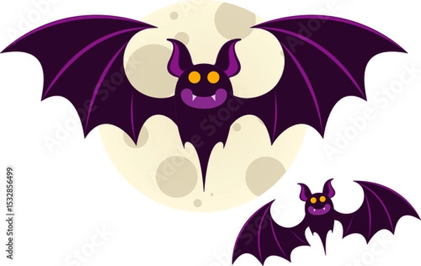 Obraz Two stylized purple bats are flying under full moon in cartoon illustration, transparent background
