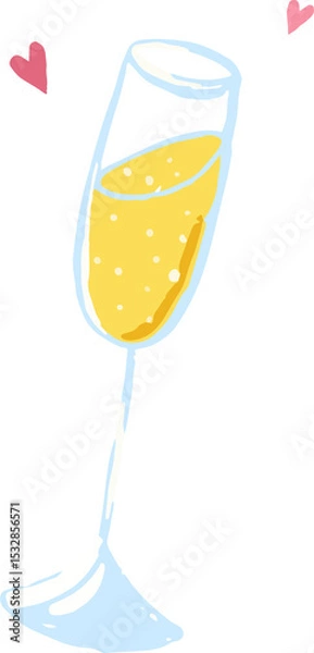 Obraz Flat champagne flute is showing bubbly yellow beverage  and  pink hearts on transparent background
