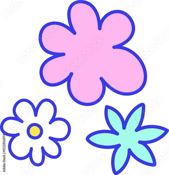 Fototapeta Three stylized pastel flower shapes are floating on transparent backdrop in flat cartoon design