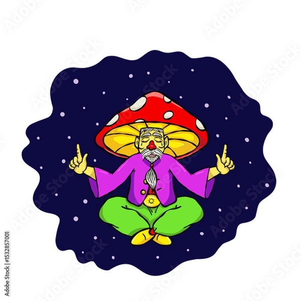 Fototapeta Bearded guru in red mushroom hat is floating in starry cloud in flat design, transparent background
