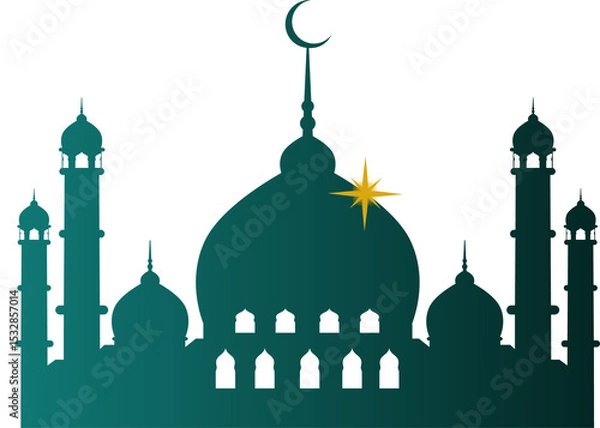 Fototapeta Stylized mosque outline is showing gradient with transparent backdrop, crescent dome and gold star