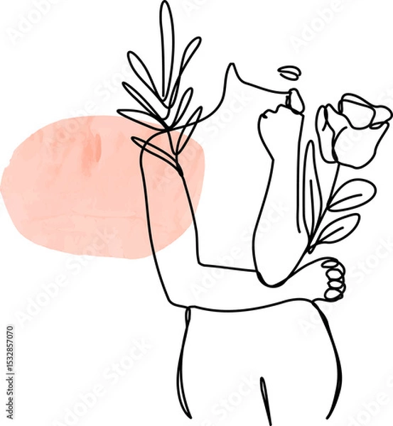 Fototapeta Silhouette is holding rose and branch in line art against peach oval accent on transparent canvas