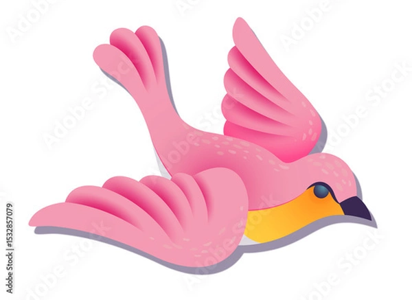 Fototapeta Pink bird is flying in flat vector style on transparent backdrop, with yellow chest, purple beak