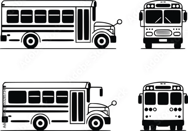 Fototapeta Simple Black and White School Bus Line Drawings Side and Front Views Transportation Vehicle Icon Graphic Design Element, silhouette