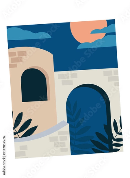 Obraz Minimalist flat facade is being shown in polaroid frame with arches, sun, transparent background