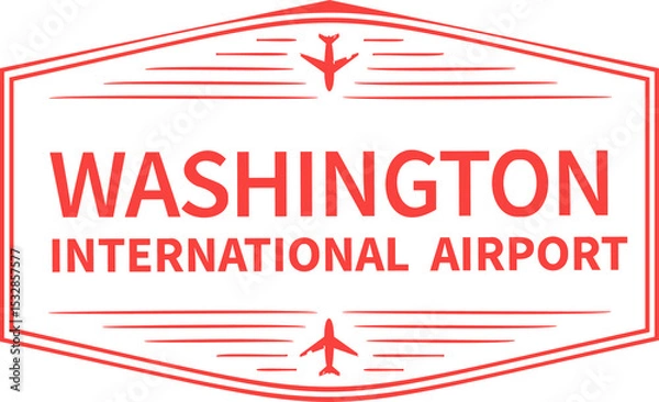 Obraz Flat airport emblem is showing red hexagon, WASHINGTON text, plane icons on transparent background