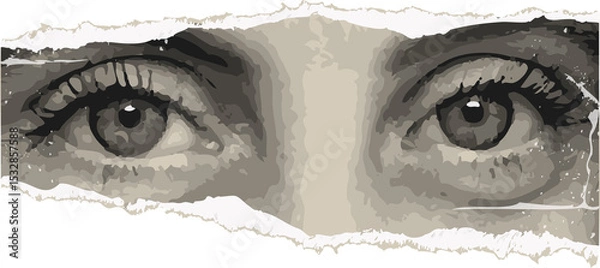 Fototapeta Pair of eyes are emerging through torn paper in stylized gray vector art, transparent background
