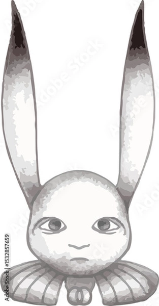 Fototapeta Grayscale rabbit head is floating on transparent background, with elongated ears and ruffle collar
