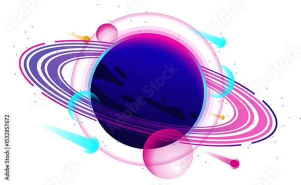 Fototapeta Flat design neon-ringed planet showing cyan spheres, comets, star specks on transparent background