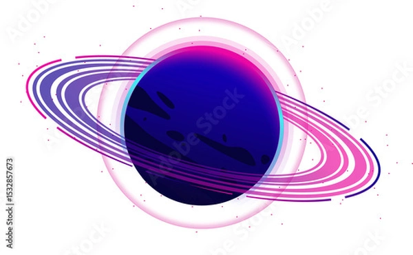Fototapeta Ringed neon planet is floating in flat design, dual rings and star streaks, transparent background