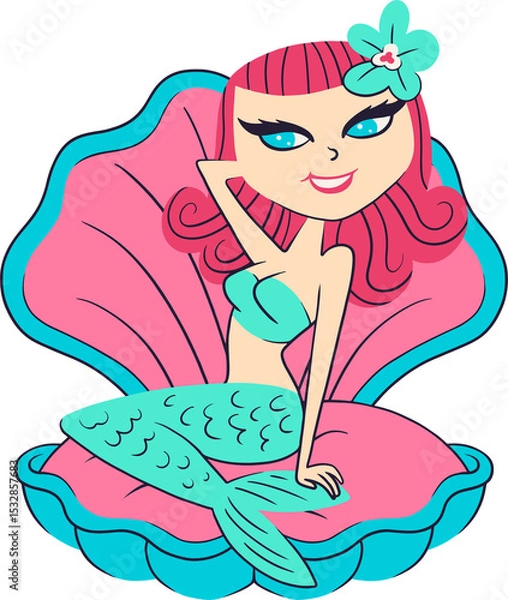 Obraz Flat design mermaid is sitting inside pink teal clam shell with pink hair, transparent background