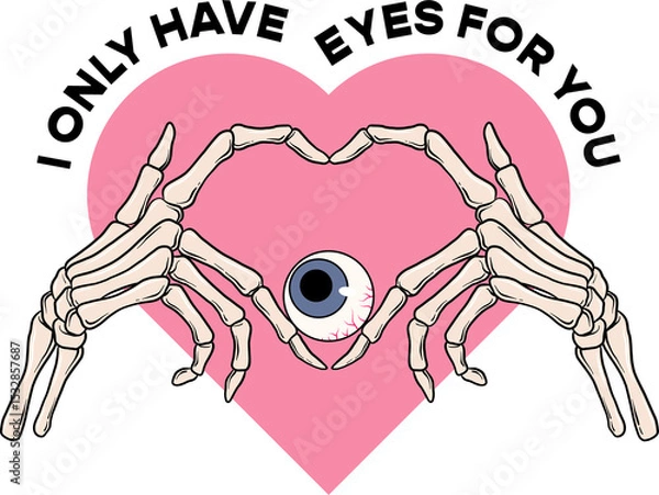 Fototapeta Flat illustration is showing eyeball held by skeletal hands over pink heart on transparent bg