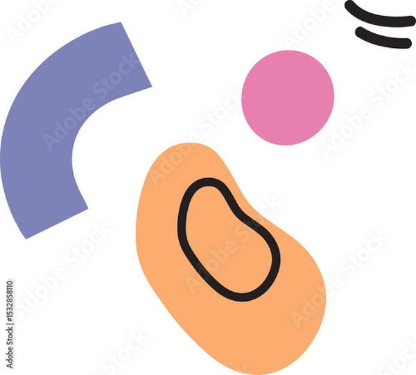 Fototapeta Abstract flat art showing peach blob, black ring, shapes, dashes floating on transparent background