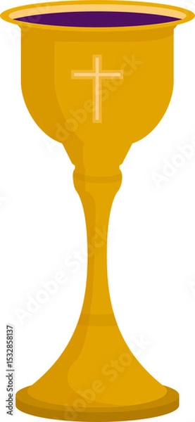 Fototapeta 3D golden chalice holding purple liquid and featuring carved cross emblem on transparent background