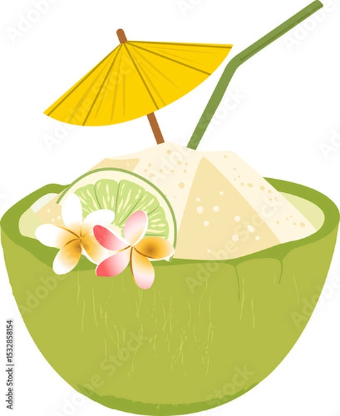 Obraz Tropical coconut drink illustration is floating on transparent background showing shaved ice, lime