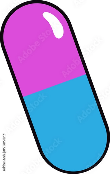 Fototapeta Flat capsule tilting on transparent background showing magenta, cyan halves glossed outlined black