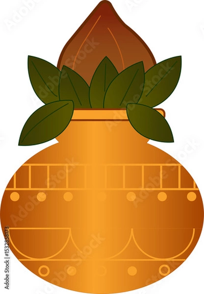 Fototapeta Kalash is appearing in flat art with pot patterns, green leaves and coconut, transparent background