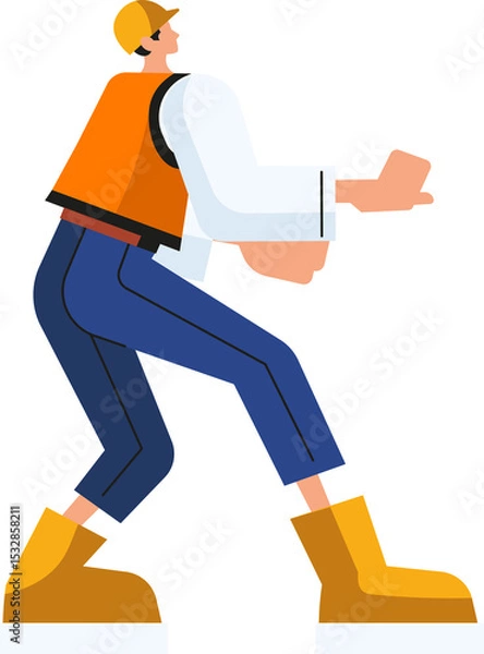 Obraz Stylized worker walking wearing orange vest yellow hard hat and yellow boots transparent background