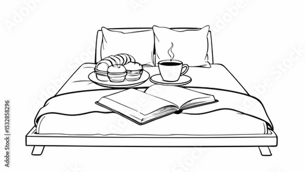 Obraz Cozy breakfast in bed setup featuring coffee, pastries, and a book 