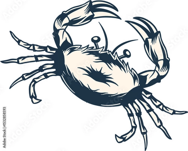 Fototapeta Stylized crab is being shown from above in flat vector design with raised claws, clear background