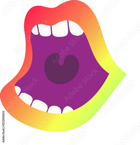 Obraz Open mouth graphic is showing gradient lips white teeth and purple tongue on transparent background