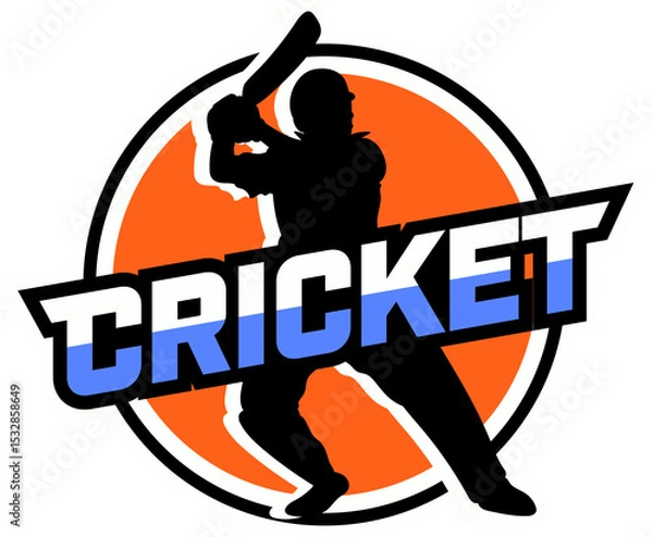 Obraz Flat logo is showing cricket batsman holding bat, orange badge  and  TRICKET text on transparent can